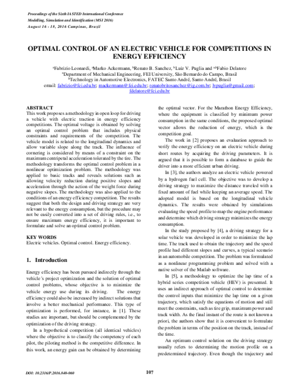 (PDF) Optimal Control of an Electric Vehicle for Competitions in Energy ...