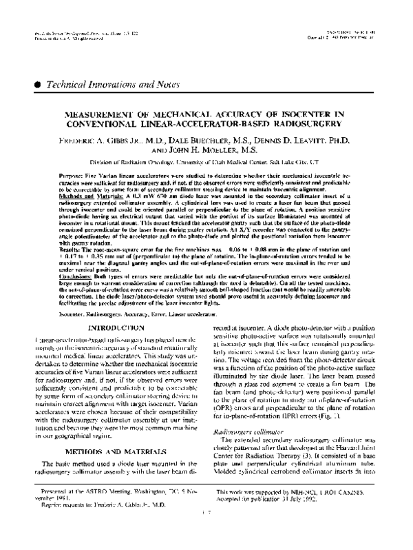 (PDF) Measurement of mechanical accuracy of isocenter in conventional