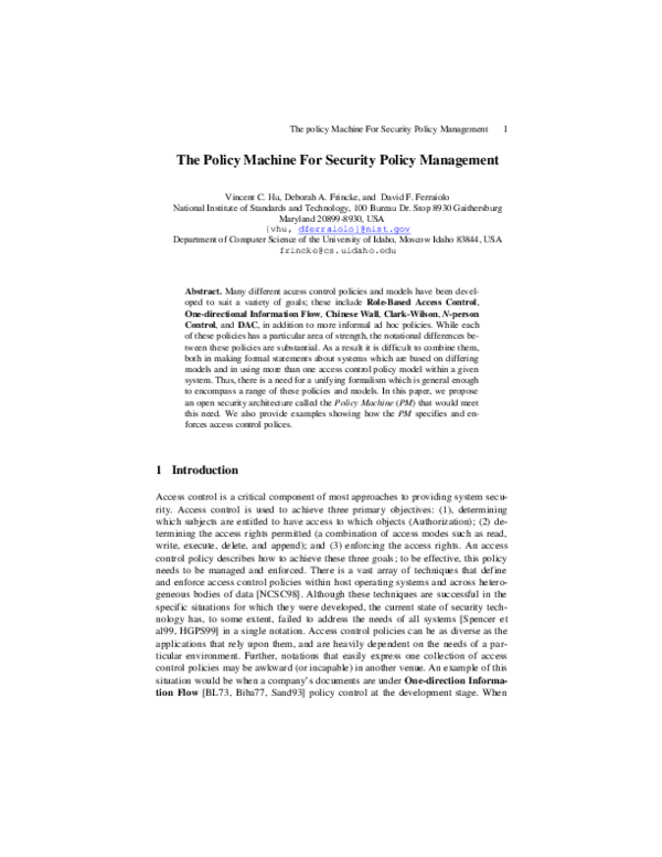 (PDF) The Policy Machine for Security Policy Management