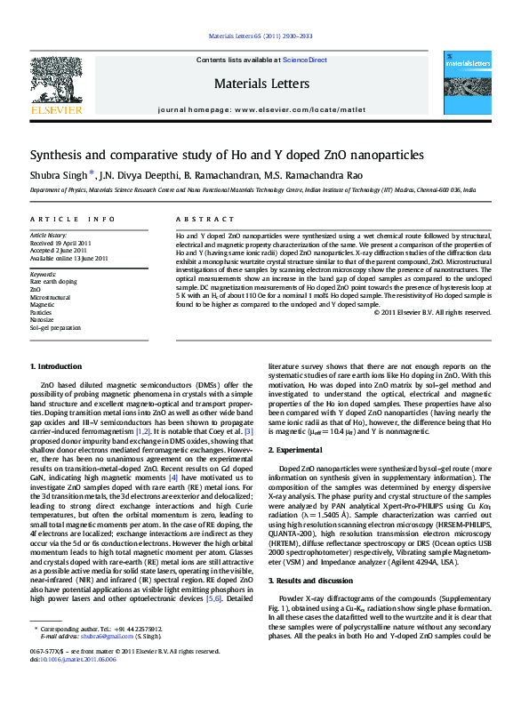 (PDF) Synthesis and comparative study of Ho and Y doped ZnO nanoparticles