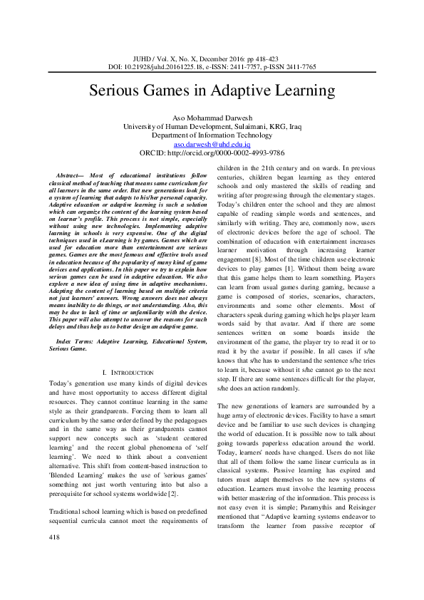 (PDF) Serious Games in Adaptive Learning
