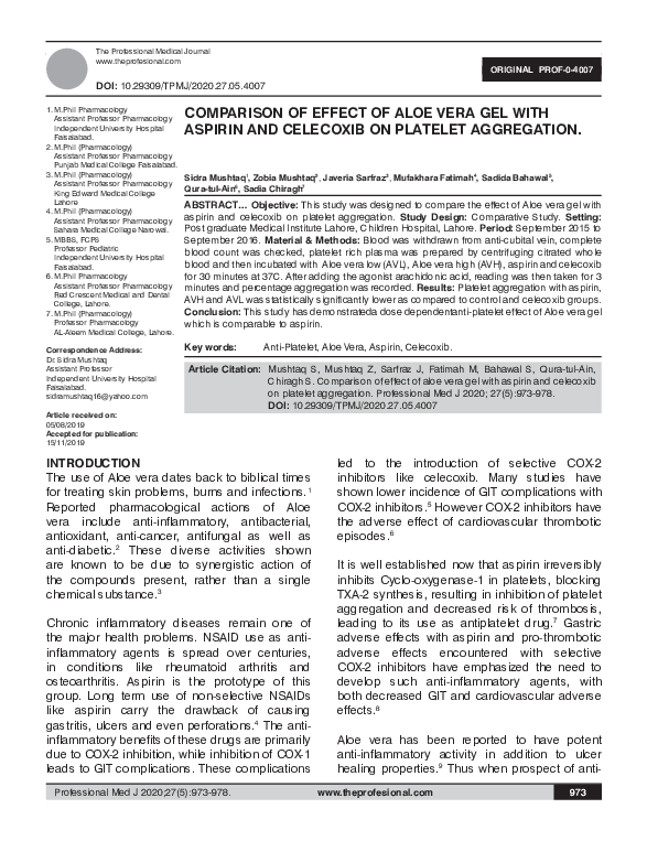 (PDF) Comparison of effect of aloe Vera gel with aspirin and celecoxib ...