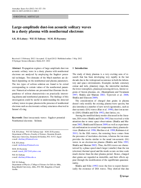 (PDF) Large-amplitude dust-ion acoustic solitary waves in a dusty ...
