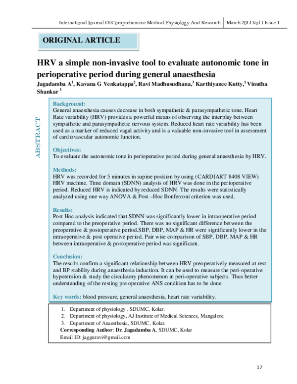 Pdf Hrv A Simple Non Invasive Tool To Evaluate Autonomic Tone In Perioperative Period During General Anaesthesia Physiology Sdumc Academia Edu