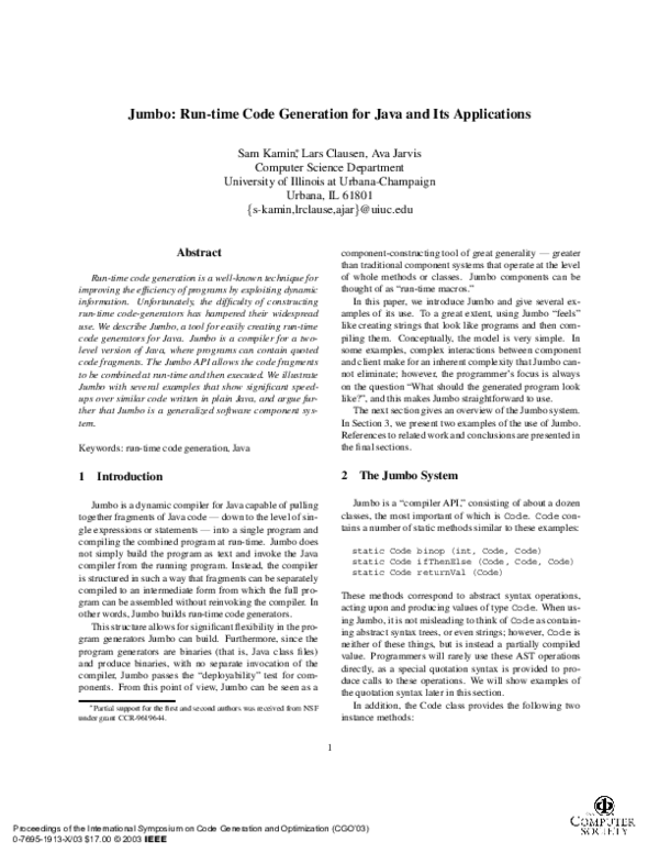 (PDF) Jumbo: run-time code generation for Java and its applications