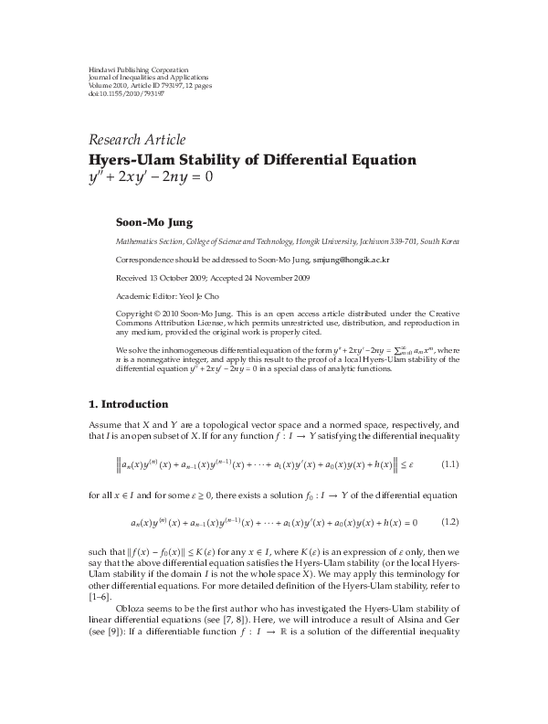 Pdf Hyers Ulam Stability Of Differential Equation Y 2xy 2ny 0 Soon Mo Jung Academia Edu