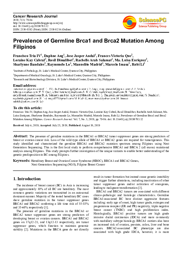 (PDF) Prevalence of Germline Brca1 and Brca2 Mutation Among Filipinos