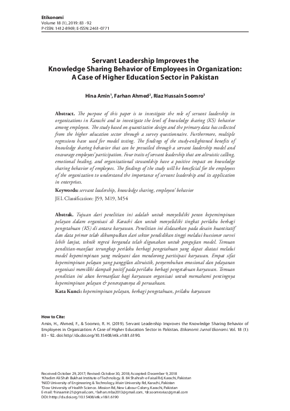 (PDF) Servant Leadership Improves the Knowledge Sharing Behavior of ...