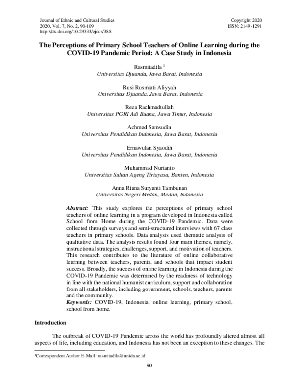 (PDF) The Perceptions of Primary School Teachers of Online Learning ...