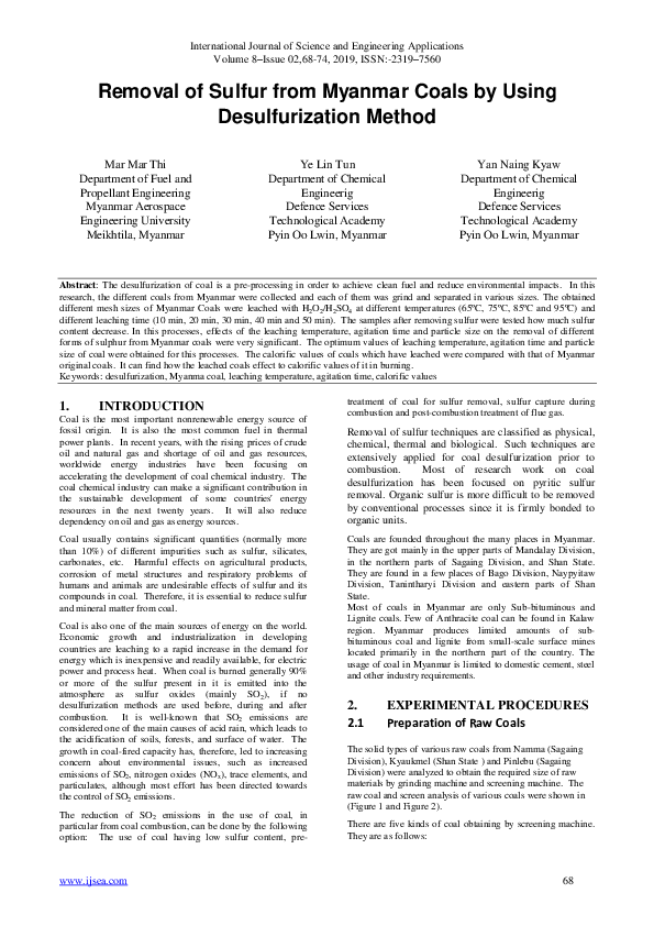 (PDF) Removal of Sulfur from Myanmar Coals by Using Desulfurization Method