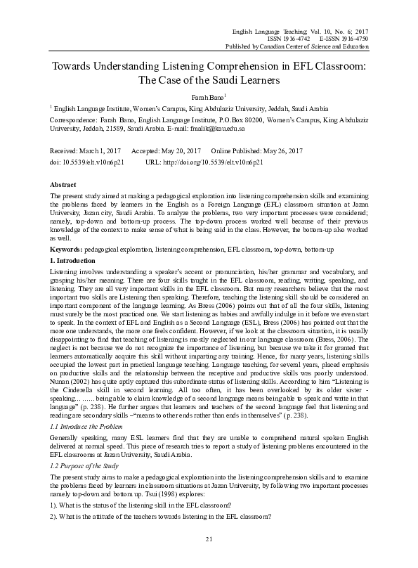 (PDF) Towards Understanding Listening Comprehension in EFL Classroom ...