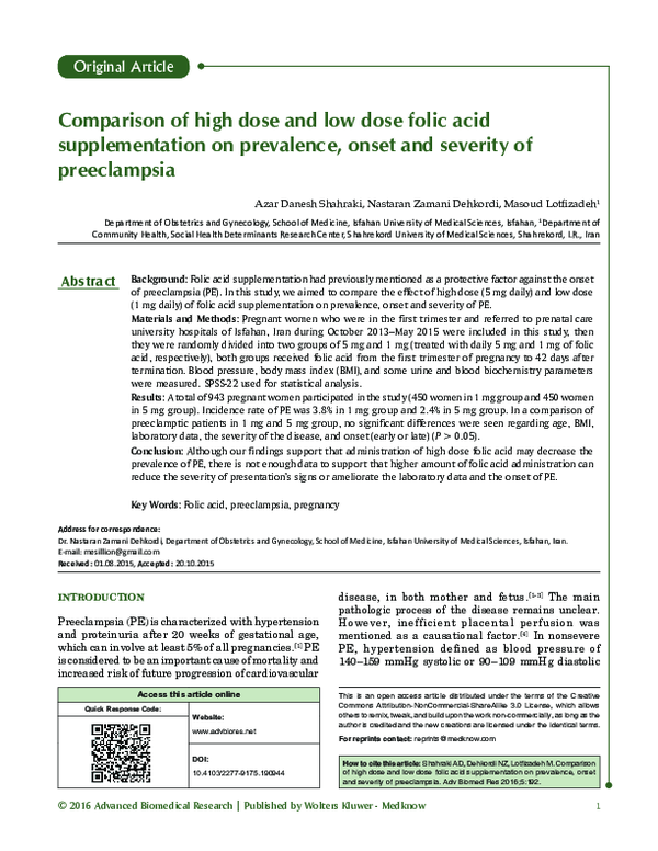 (PDF) Comparison of high dose and low dose folic acid supplementation ...