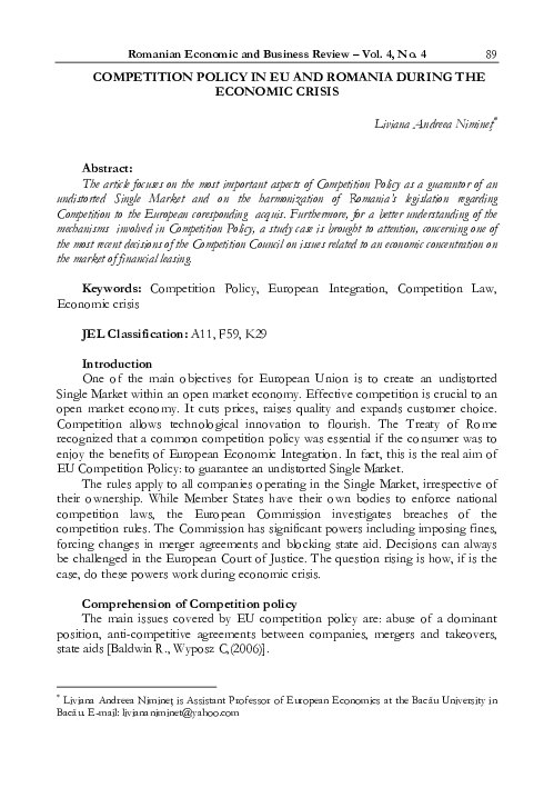 Competition Policy In Eu And Romania During The Economic Crisis