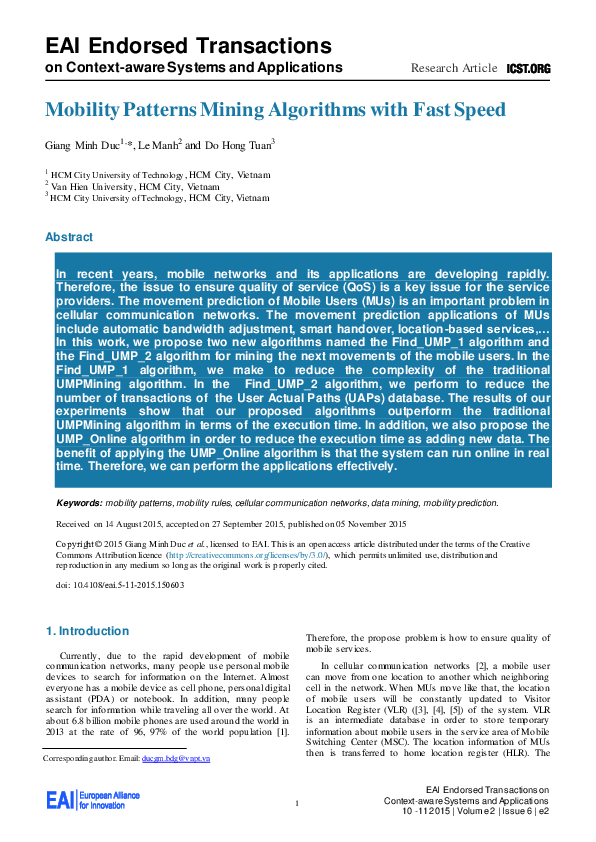 (PDF) Mobility Patterns Mining Algorithms with Fast Speed