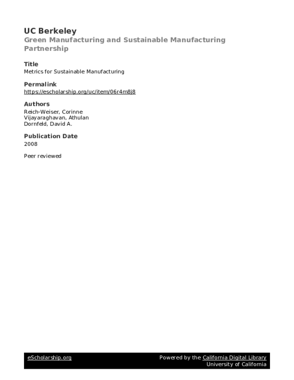 (PDF) Metrics for Sustainable Manufacturing Corinne ReichWeiser
