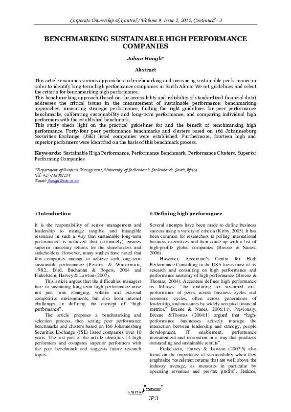 (PDF) Benchmarking Sustainable High Performance Companies
