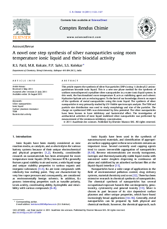(PDF) A novel one step synthesis of silver nanoparticles using room ...