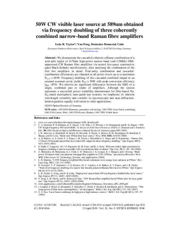 (PDF) 50W CW visible laser source at 589nm obtained via frequency ...