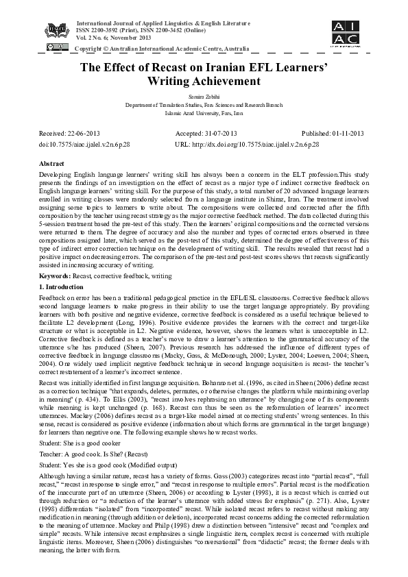 (PDF) The Effect of Recast on Iranian EFL Learners’ Writing Achievement