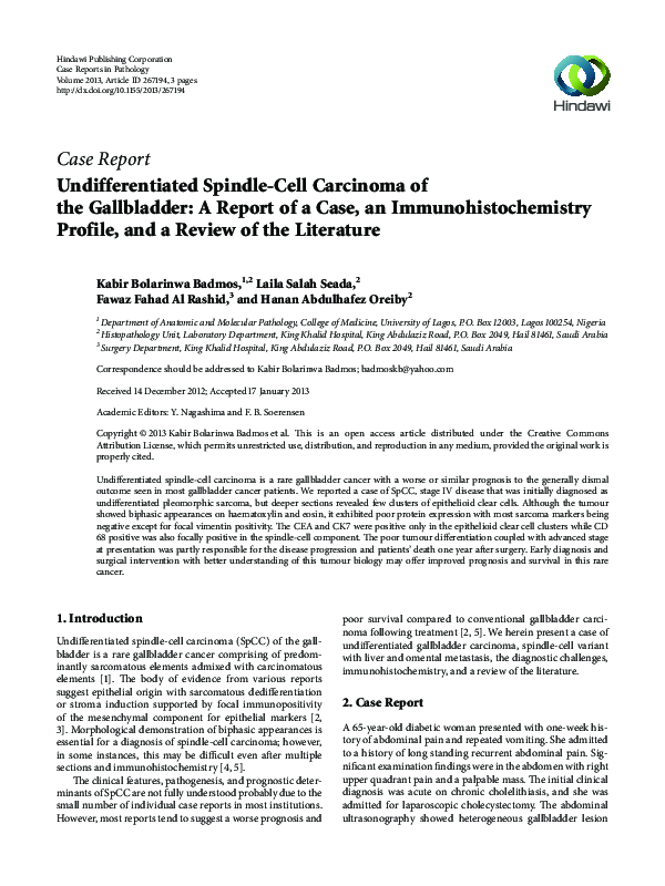 (PDF) Undifferentiated SpindleCell Carcinoma of the Gallbladder A