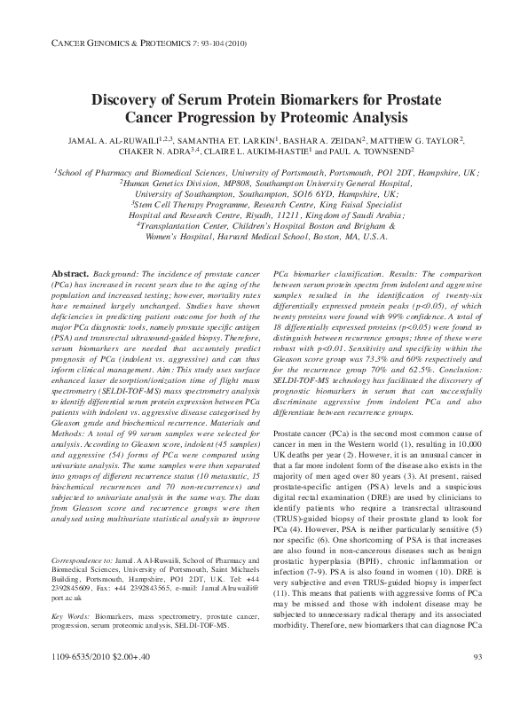 (PDF) Discovery of serum protein biomarkers for prostate cancer ...