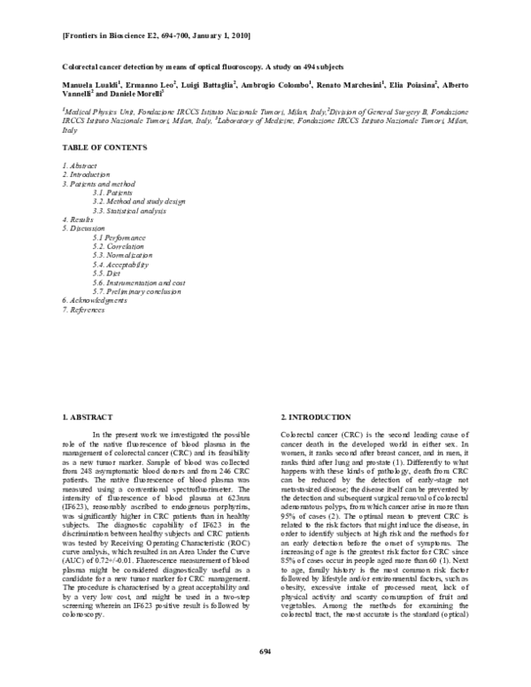 (PDF) Colorectal cancer detection by means of optical fluoroscopy. A ...