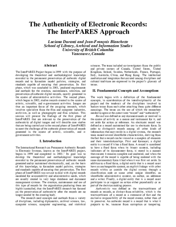 (PDF) The authenticity of electronic records the InterPARES approach Luciana Duranti