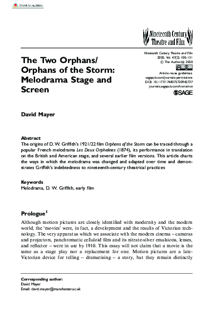(PDF) The Two Orphans/Orphans of the Storm: Melodrama Stage and Screen