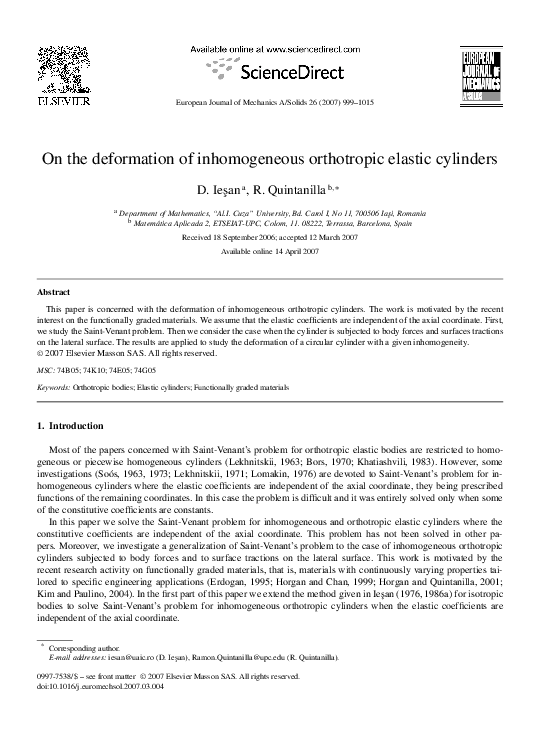 (PDF) On the deformation of inhomogeneous orthotropic elastic cylinders
