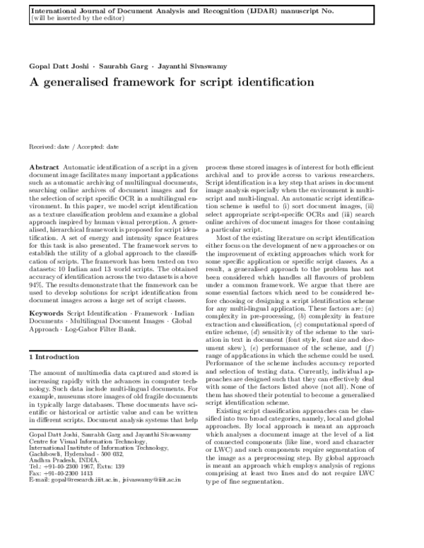 (PDF) A generalised framework for script identification