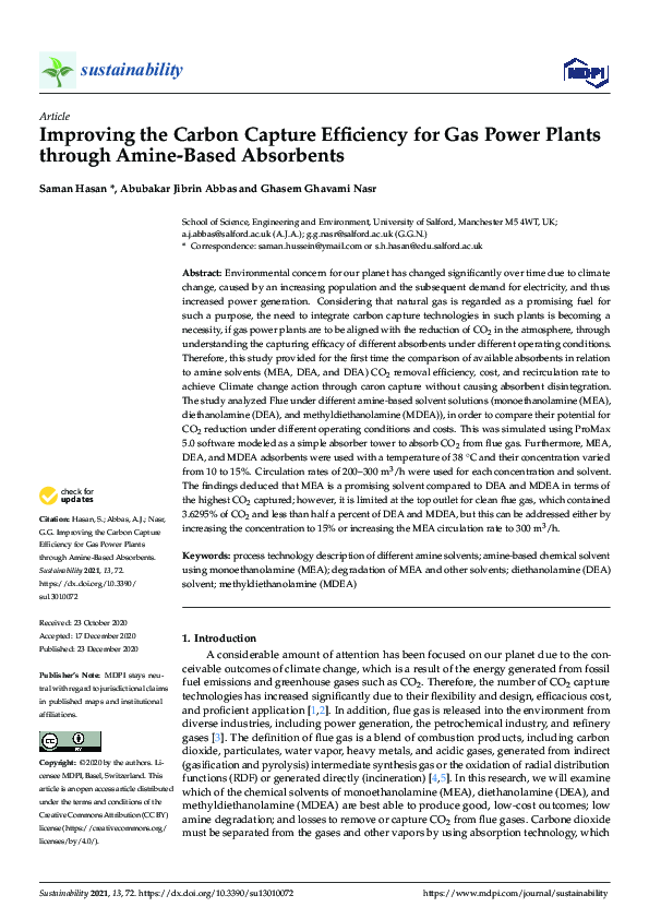 (PDF) Improving the Carbon Capture Efficiency for Gas Power Plants ...