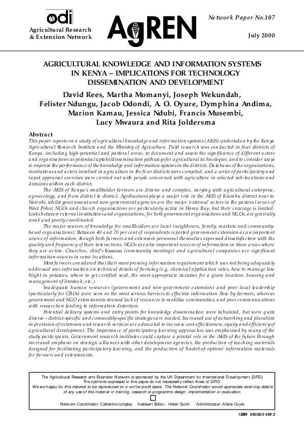 (PDF) Agricultural knowledge and information systems in Kenya ...
