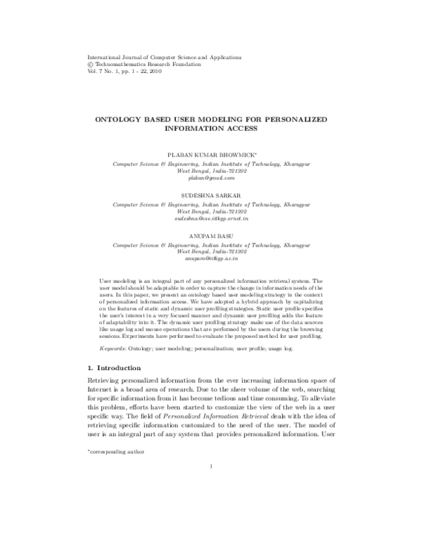 (PDF) Ontology Based User Modeling for Personalized Information Access