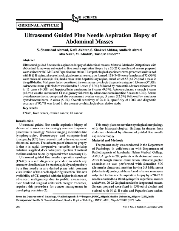 (PDF) Ultrasound Guided Fine Needle Aspiration Biopsy of Abdominal Masses