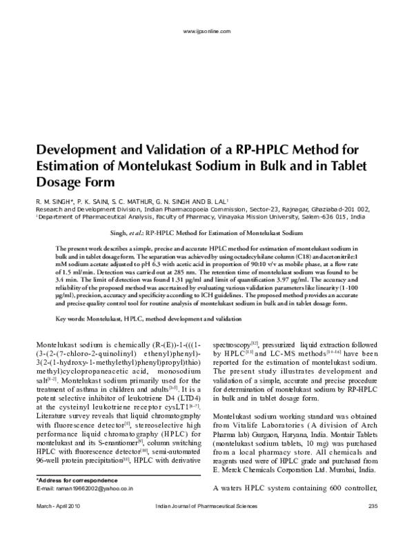 (PDF) Development and validation of a RP-HPLC Method for the Estimation ...