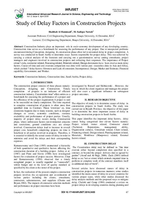 (PDF) Study of Delay Factors in Construction Projects