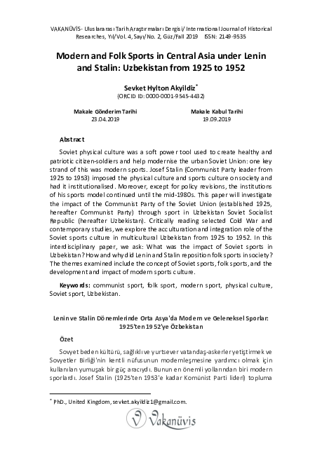 Lenin ve Stalin Dönemlerinde Orta Asya'da Modern ve Geleneksel Sporlar: 1925'ten 1952'ye Özbekistan