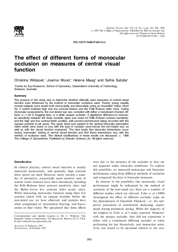 (PDF) The effect of different forms of monocular occlusion on measures