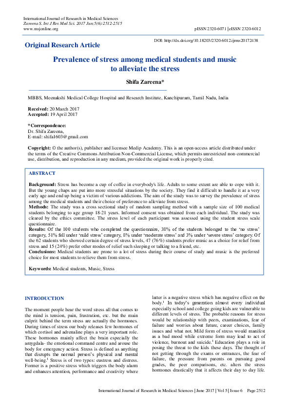 (PDF) Prevalence of stress among medical students and music to ...