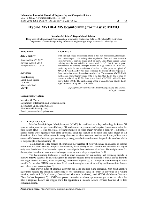 (PDF) Hybrid MVDR-LMS beamforming for Massive MIMO