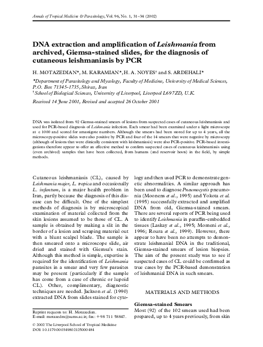 (PDF) DNA extraction and amplification of Leishmania from archived ...