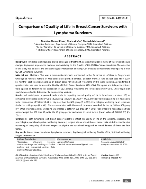 (PDF) Comparison of Quality of Life in Breast Cancer Survivors with ...