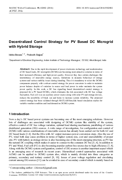 (PDF) Decentralized Control Strategy for PV Based DC Microgrid with ...