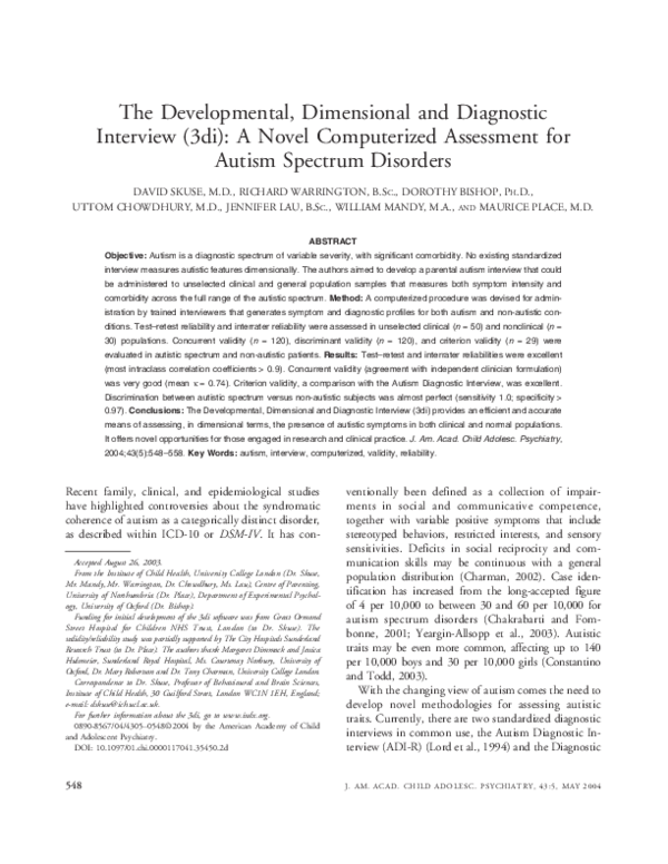 (PDF) The Developmental, Dimensional and Diagnostic Interview (3di): A ...