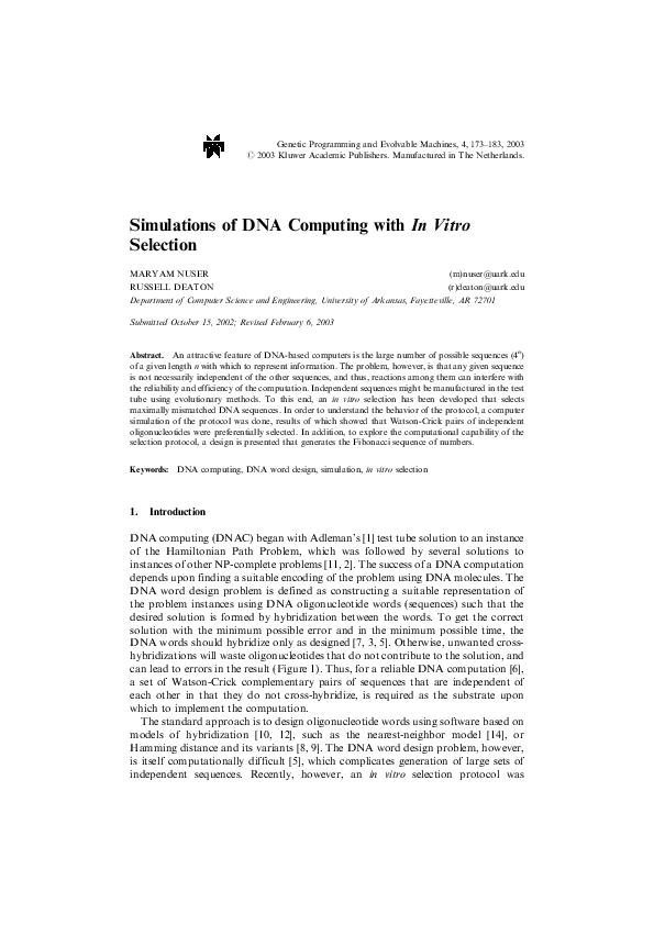(PDF) Simulations of DNA Computing with In Vitro Selection