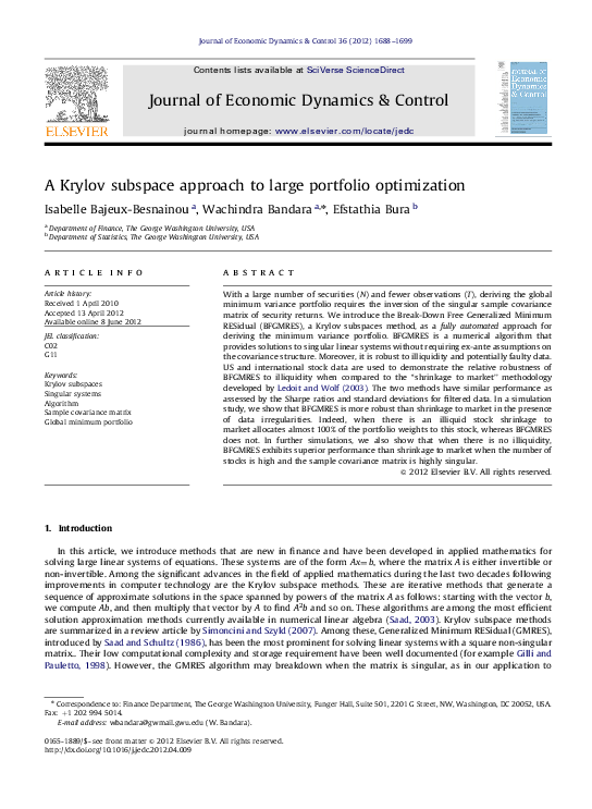 (PDF) A Krylov subspace approach to large portfolio optimization