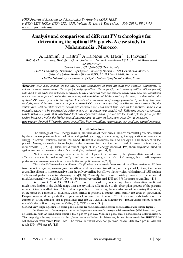 (PDF) Analysis and comparison of different PV technologies for ...