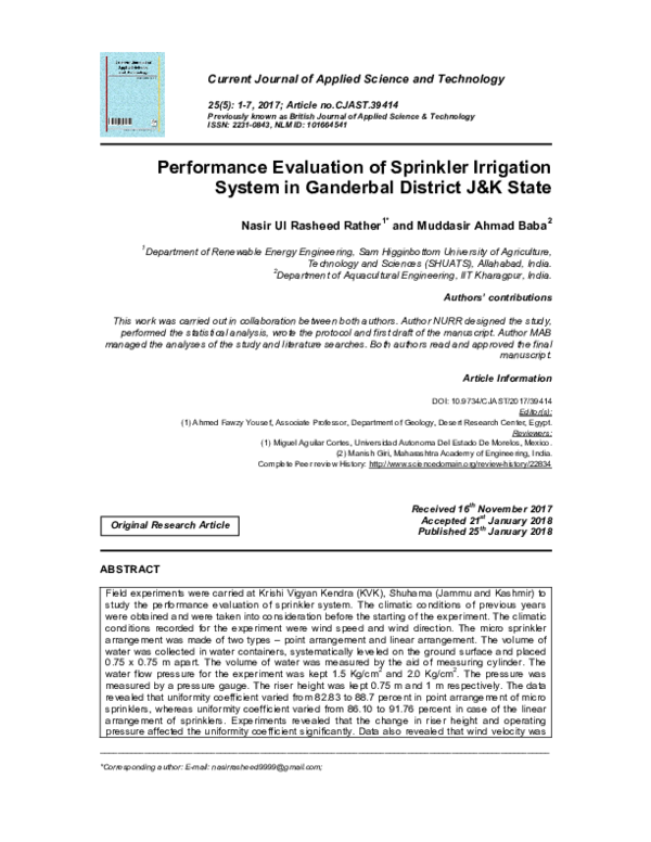 (PDF) Performance Evaluation of Sprinkler Irrigation System in ...