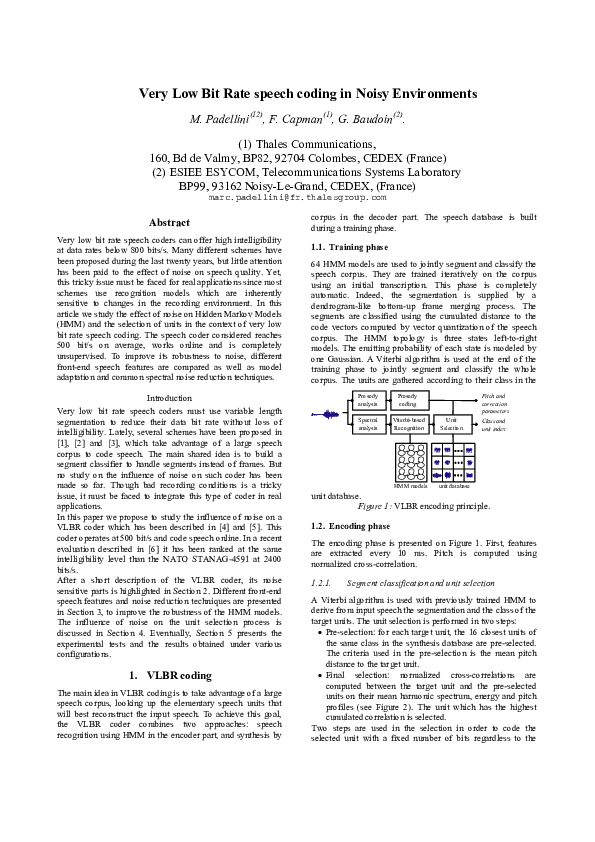 (PDF) Very Low Bit Rate speech coding in Noisy Environments