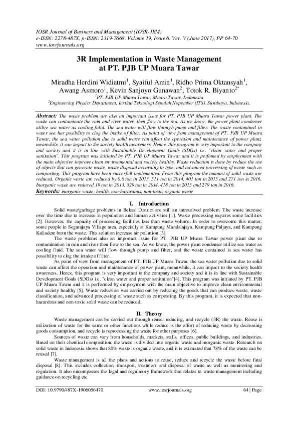 (PDF) 3R Implementation in Waste Management at PT. PJB UP Muara Tawar